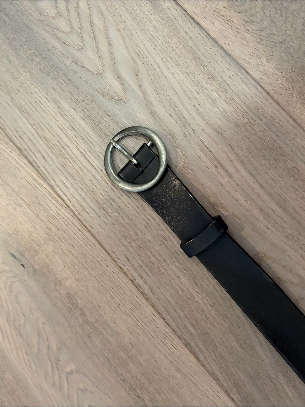 Aritzia Black Leather Belt with Round Metal Buckle